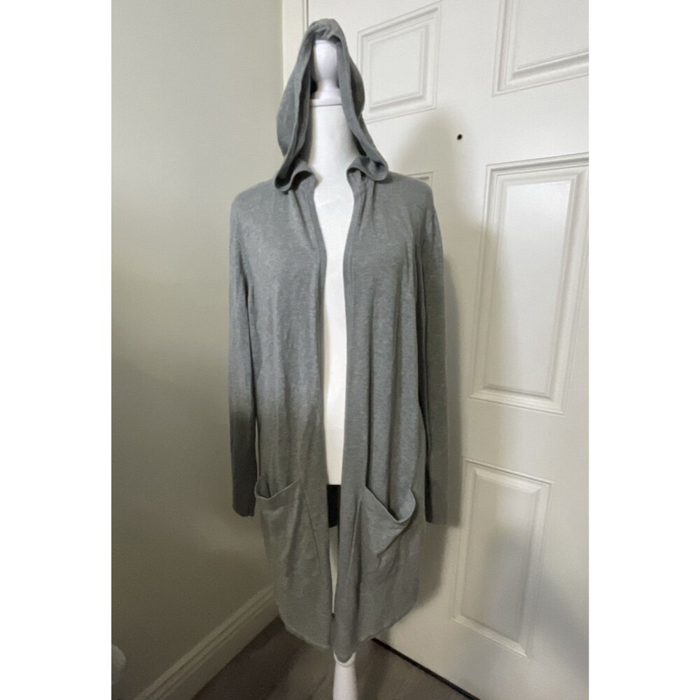Chicos Women's Gray Cotton Blend Open Front Cardigan Hoodie Sweater Pockets Sz 3